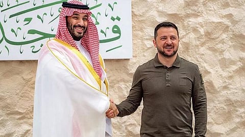 Saudi Crown Prince Mohammed bin Salman (left) shaking hands with Ukraine´s President Volodymyr Zelensky prior to the Arab Summit meeting in Jeddah. (Photo | AFP)