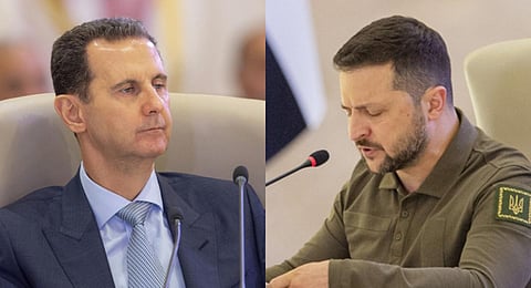 A collage of Syrian President Bashar al-Assad (L) and Ukraine's President Volodymyr Zelenskyy during  the Arab League summit in Jeddah, Saudi Arabia, Friday, May 19, 2023. (Photo | AP)