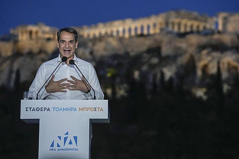 Greece's Prime Minister Kyriakos Mitsotakis speaks during his election campaign. (Image | AP)