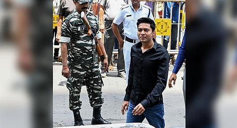 Trinamool Congress General Secretary Abhishek Banerjee arrives to appear before CBI (Central Bureau of Investigation) in connection with the alleged teachers recruitment scam.(Photo | PTI)