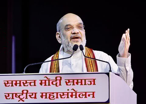 Union Home Minister Amit Shah addresses a Modi community function, in Ahmedabad, May 21, 2023. (Photo | PTI)