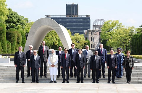 Prime Minister Narendra Modi with other leaders visits the Hiroshima Peace Memorial Museum, in Hiroshima, Japan, Sunday, May 21, 2023. (Photo | PTI)