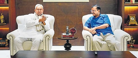 Bihar CM Nitish Kumar calls on his Delhi counterpart Arvind Kejriwal on Sunday. (Photo | PTI)