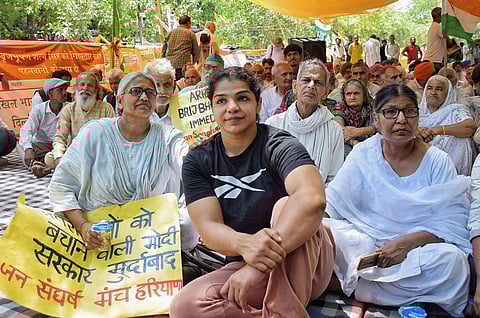 Wrestler Sakshi Malik during the wrestlers' protest, at Jantar Mantar in New Delhi, Saturday, May 20, 2023. (Photo | PTI)