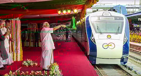 FILE - PM Narendra Modi flags off the Thiruvananthapuram Central-Kasaragod Vande Bharat Express train. (Photo | PTI)