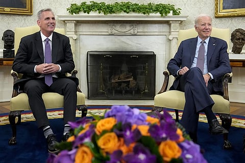 US President Joe Biden meets with House Speaker Kevin McCarthy to discuss the debt limit in the Oval Office of the White House, Monday, May 22, 2023, in Washington. (Photo | AP)