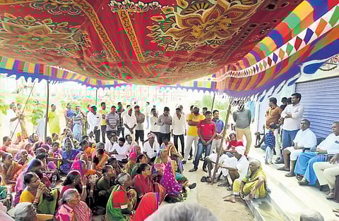 Mallannasagar oustees gather at R&R Colony in Gajwel town to discuss the compensation due to them from the government on Monday.