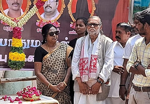 Environmentalist Prafulla Samantara paying homage to victims of police firing at Trespuram in Thoothukudi on Monday. | Express