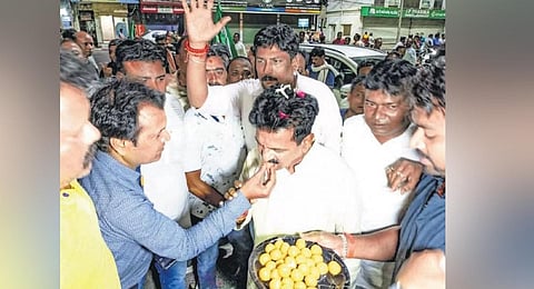 Nayak celebrating with his supporters at Rourkela in Sundargarh | Express