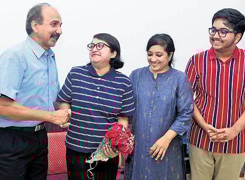 Gahana Navya James, who secured sixth rank in the UPSC examination, shares the joy with her parents and brother at her house in Mutholi, Pala | Express