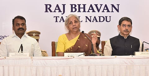 Union Finance Minister Nirmala Sitharaman addresses a press conference, at the Raj Bhavan in Chennai, about the inauguration of the new Parliament complex. (Photo | P Jawahar, EPS)