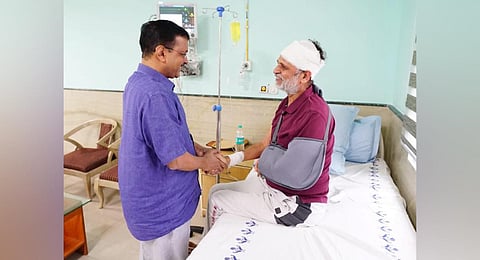 Delhi CM Arvind Kejriwal meets former Delhi minister & AAP leader Satyendar Jain at a hospital, in New Delhi, on May 28, 2023. (Photo | PTI)