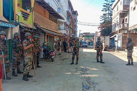 Army jawan stand guard in violence-hit area of Imphal town, Manipur, Sunday, May 28, 2023. (Photo | PTI)