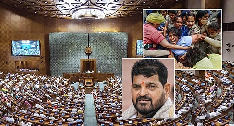 A collage of the new Parliament building, top wrestler Sakshi Malik detained, accused Brij Bhushan. (Photos | PTI)