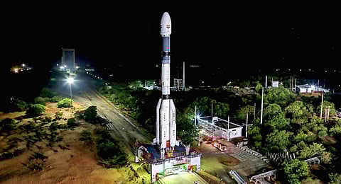 ISRO's GSLV carrying navigation satellite NVS-01 being moved to the launch pad ahead of its launch, at the Satish Dhawan Space Station, in Sriharikota. (Photo | PTI)