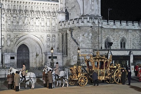 The Gold State Coach is led in a procession in London, early Wednesday, May 3, 2023, during a rehearsal for the coronation of King Charles III, which will take place at Westminster Abbey on May 6 | AP