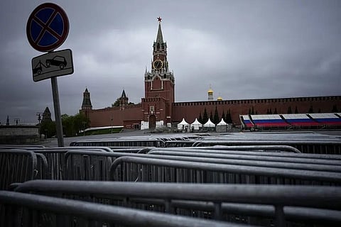 FILE - A view of the empty Red Square closed for Victory Parade preparation with the Spasskaya Tower and the Kremlin Wall in the background in Moscow, Russia, on April 28, 2023. (Photo | AP)