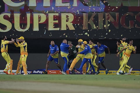 Chennai Super Kings players celebrate after their win in the Indian Premier League final cricket match against Gujarat Titans in Ahmedabad, India, Monday, May 29, 2023. (Photo | AP)
