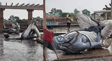 Idols along the Mahakal Lok corridor on the premises of Mahakaleshwar temple in Ujjain city fell off their pedestals during storms. (Photos | Twitter)