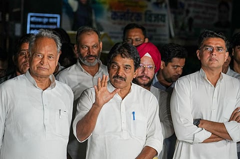 Congress leader KC Venugopal with party leaders Ashok Gehlot (L) and Sachin Pilot (R) after a meeting at party President Mallikarjun Kharge's residence, in New Delhi, May 29, 2023. (Photo | PTI)
