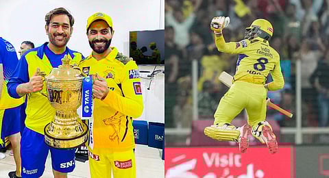 Chennai Super Kings captain MS Dhoni and teammate Ravindra Jadeja pose with the trophy after winning the Indian Premier League 2023 final against Gujarat Titans. (PTI)