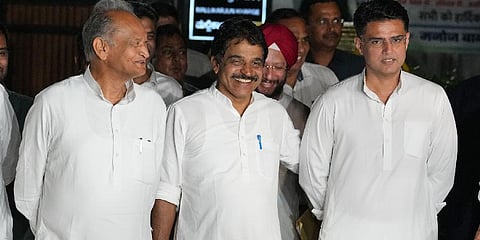 Congress leader K.C. Venugopal with party leaders Ashok Gehlot and Sachin Pilot after a meeting at party President Mallikarjun Kharge's residence, in New Delhi (Photo |PTI)