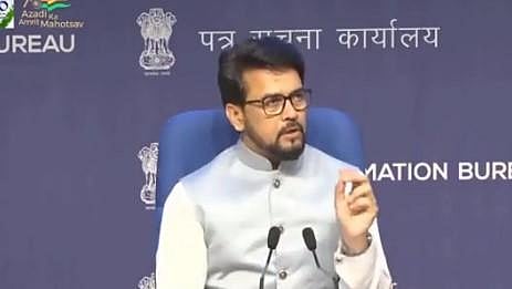 Information and Broadcasting Minister Anurag Thakur addressing the media persons (Photo |Twitter)