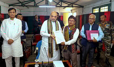 Union Home Minister Amit Shah during a meeting with delegations of civil society organisations, in Kangpokpi, Wednesday, May 31, 2023. (Photo | PTI)