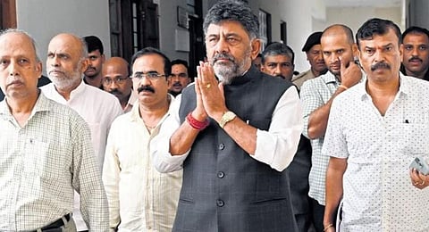 Deputy Chief Minister D K Shivakumar arrives for a meeting with Major and Medium Irrigation Department officials at Vikasa Soudha in Bengaluru on Tuesday | Nagaraja Gadekal