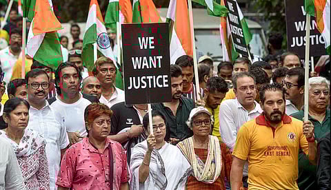 West Bengal Chief Minister Mamata Banerjee participates in a rally in support of protesting wrestlers, in Kolkata, Wednesday, May 31, 2023. (PTI)
