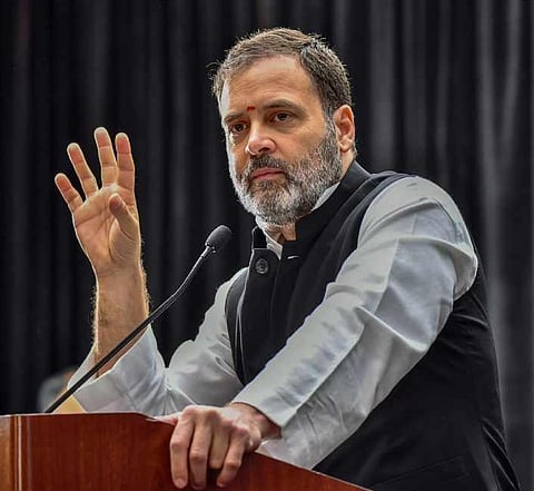 Congress leader Rahul Gandhi speaks during an interaction with the Indian diaspora, in San Francisco, USA. (Photo |PTI)