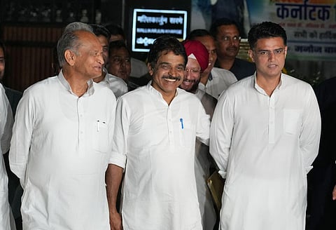 Congress leader KC Venugopal with party leaders Ashok Gehlot and Sachin Pilot after a meeting at party President Mallikarjun Kharge's residence, in New Delhi, May 29, 2023. (Photo | PTI)