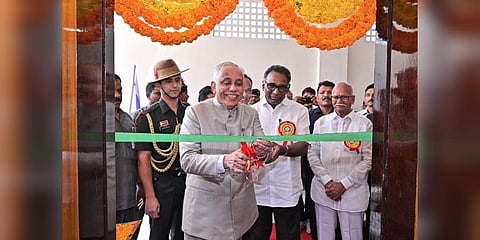 Governor S Abdul Nazeer inaugurating the Drone Research and Development Centre established in Dhanekula Institute of Engineering and Technology near Vijayawada on Wednesday (Photo | Twitter)