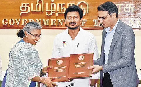 HCL Corporation director Shikhar Malhotra and Rural Development and Panchayat Raj Department secretary, P Amudha, with minister Udhayanidhi Stalin | P Jawahar