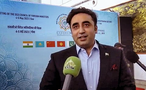 Pakistan Foreign Minister Bilawal Bhutto Zardari speaks with the media upon his arrival in Goa to attend the SCO Foreign Ministers' Meeting (Photo | PTI)