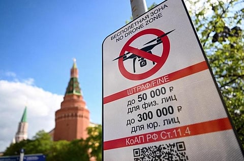 A 'No Drone Zone' sign sits just off the Kremlin in central Moscow. (Photo | AFP)