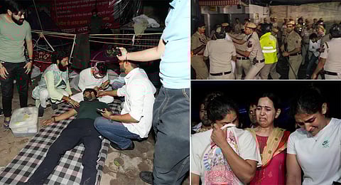 Delhi Police reportedly assaulted the wrestlers protesting at Jantar Mantar late Wednesday night. (Photos | PTI)