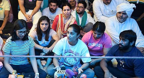 Indian Wrestlers, Vinesh Phogat, Sangeeta Phogat, Sakshi Malik, Bajrang Punia, along with DCW Chief Swati Maliwal addresses a Press Conference at Jantar Mantar in New Delhi. (Photo | Praveen Negi)