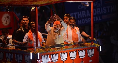 Prime Minister Narendra Modi during road show in Bengaluru on April 2023. (Express | Vinod Kumar T)