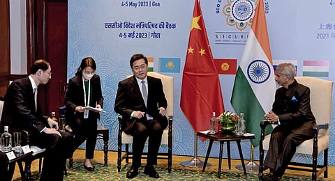 Chinese Foreign Minister Qin Gang during a bilateral talks with EAM Dr S. Jaishankar on the sidelines of SCO Foreign Ministers' meeting, in Goa. (Photo | PTI)
