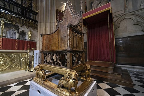 The Coronation Chair is seen inside Westminster Abbey in London, Wednesday, April 12, 2023, ahead of King Charles III coronation on May 6, 2023. (Photo | AP)