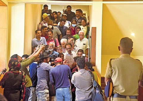 People coming out after watching The Kerala Story at Shenoys Cinema in Kochi on Friday. The film was screened in 20-odd theatres in the state | A Sanesh