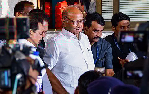 Nationalist Congress Party chief Sharad Pawar leaves after addressing the media at the Y. B. Chavan Center, in Mumbai, Friday, May 5, 2023. (Photo | PTI)