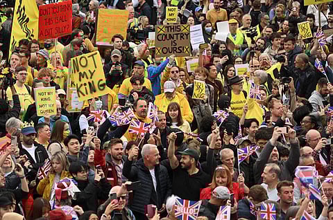 Members of the anti-monarchist group Republic stage a protest close to where Britain's King Charles III and Camilla, Queen Consort will be crowned at Westminster Abbey in central London. (Photo | AFP)