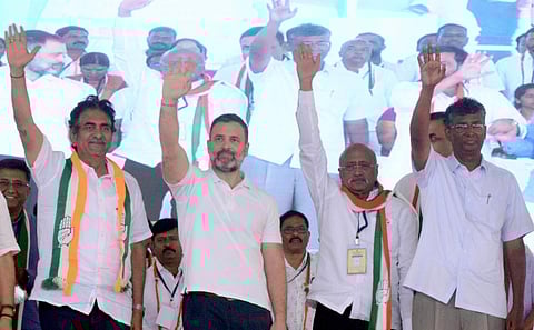 Congress leader Rahul Gandhi during a campaign for party candidates at Yamakanmardi constituency in Belagavi district on Saturday. (Photo | Express)  ​