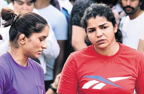 Vinesh Phogat and Sakshi Malik at the protest site on Sunday | Parveen Negi