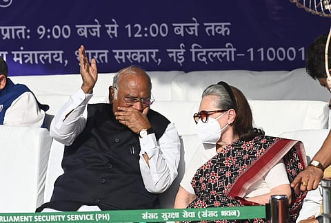 FILE: Congress President Mallikarjun Kharge with Sonia Gandhi during the birth anniversary celebrations of BR Ambedkar, at Parliament house, in New Delhi. (Photo | Shekhar Yadav, EPS)
