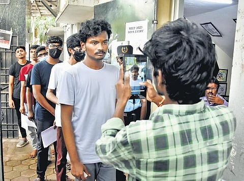Students appear for NEET at an exam center in Chennai on Sunday |  Ashwin prasath