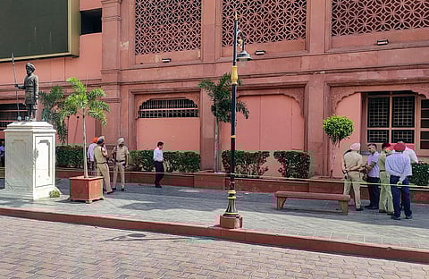 Police personnel at the site after an explosion occurred near the Golden Temple, in Amritsar, Monday, May 8, 2023. (Photo | PTI)