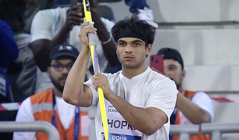 Indian Javelin thrower Neeraj Chopra competes in Diamond League 2023, in Doha, Qatar. (Photo | PTI)